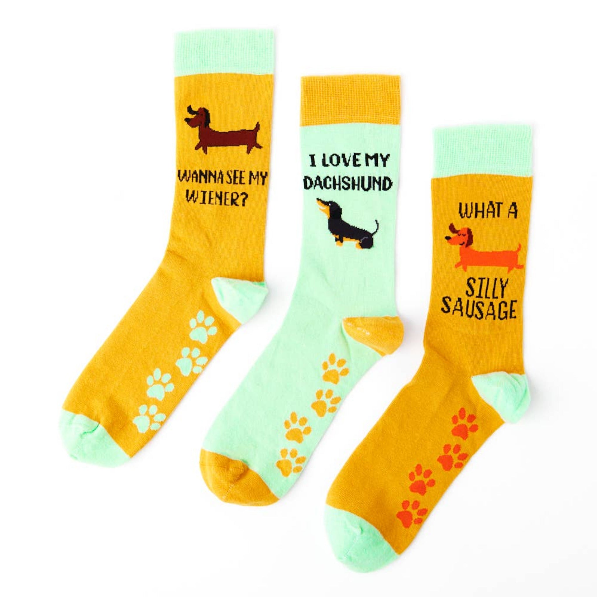 sausage dog novelty gift box socks set with three colourful designs