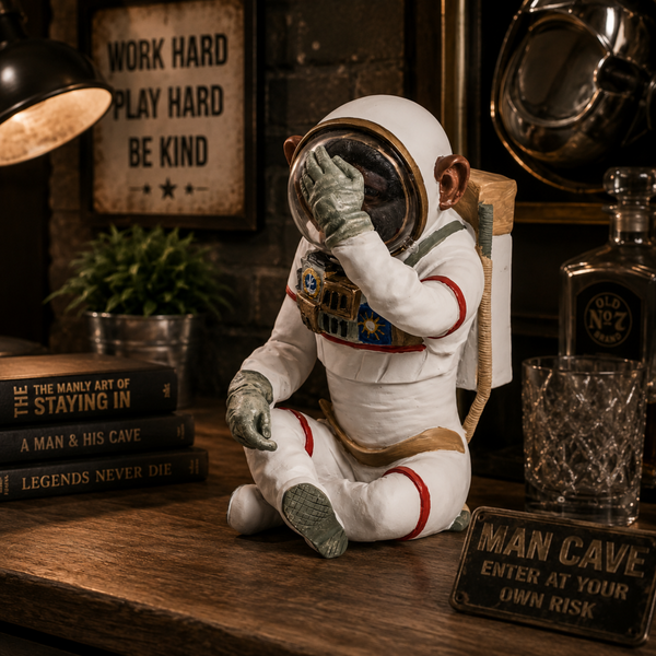 See No Evil astronaut chimpanzee resin ornament in rustic man cave setting