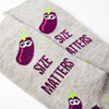 close up of Size Matters socks showing text and design detail