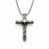 Stainless steel skull cross necklace with 3mm box chain on a clean white background with soft shadow, front view showing detailed skull centre and textured cross