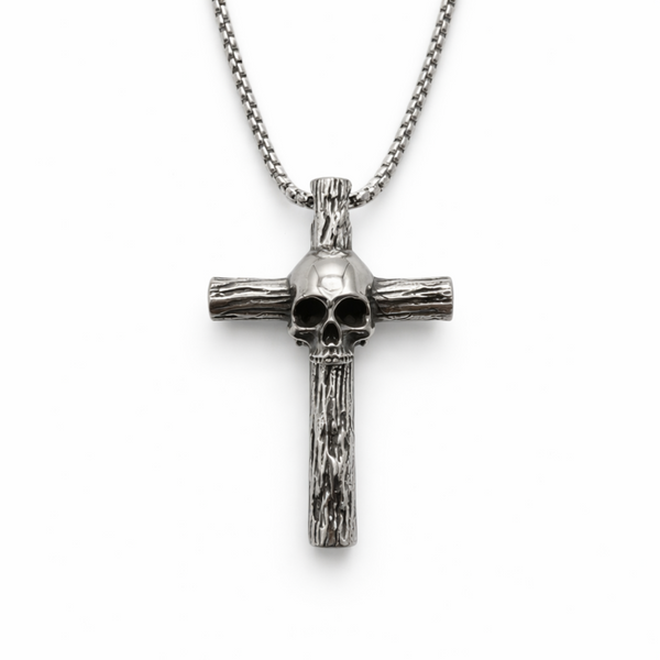 Stainless steel skull cross necklace with 3mm box chain on a clean white background with soft shadow, front view showing detailed skull centre and textured cross