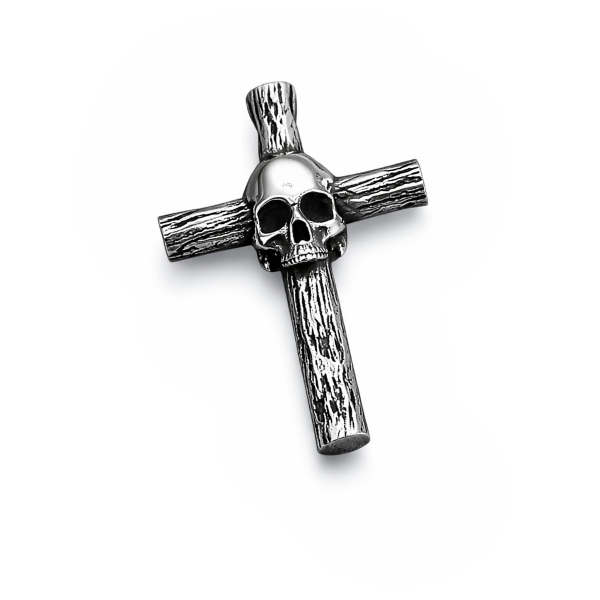 Stainless steel skull cross pendant with textured bar design and polished skull centre on white background