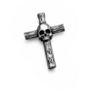 Stainless steel skull cross pendant with textured bar design and polished skull centre on white background