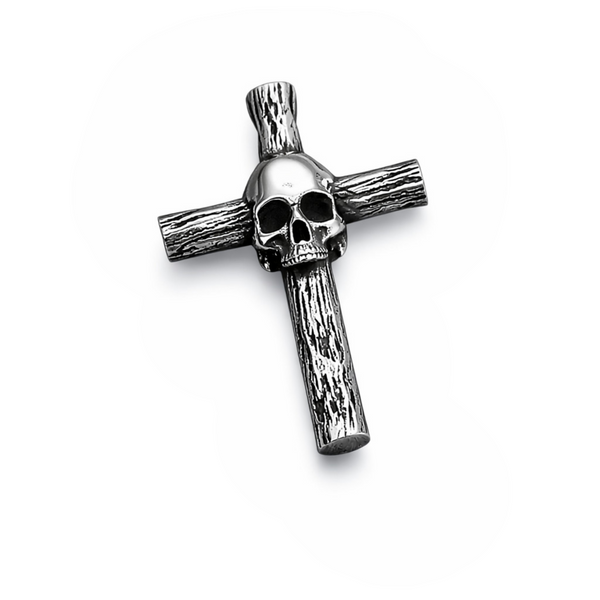 Stainless steel skull cross pendant with textured bar design and polished skull centre on white background