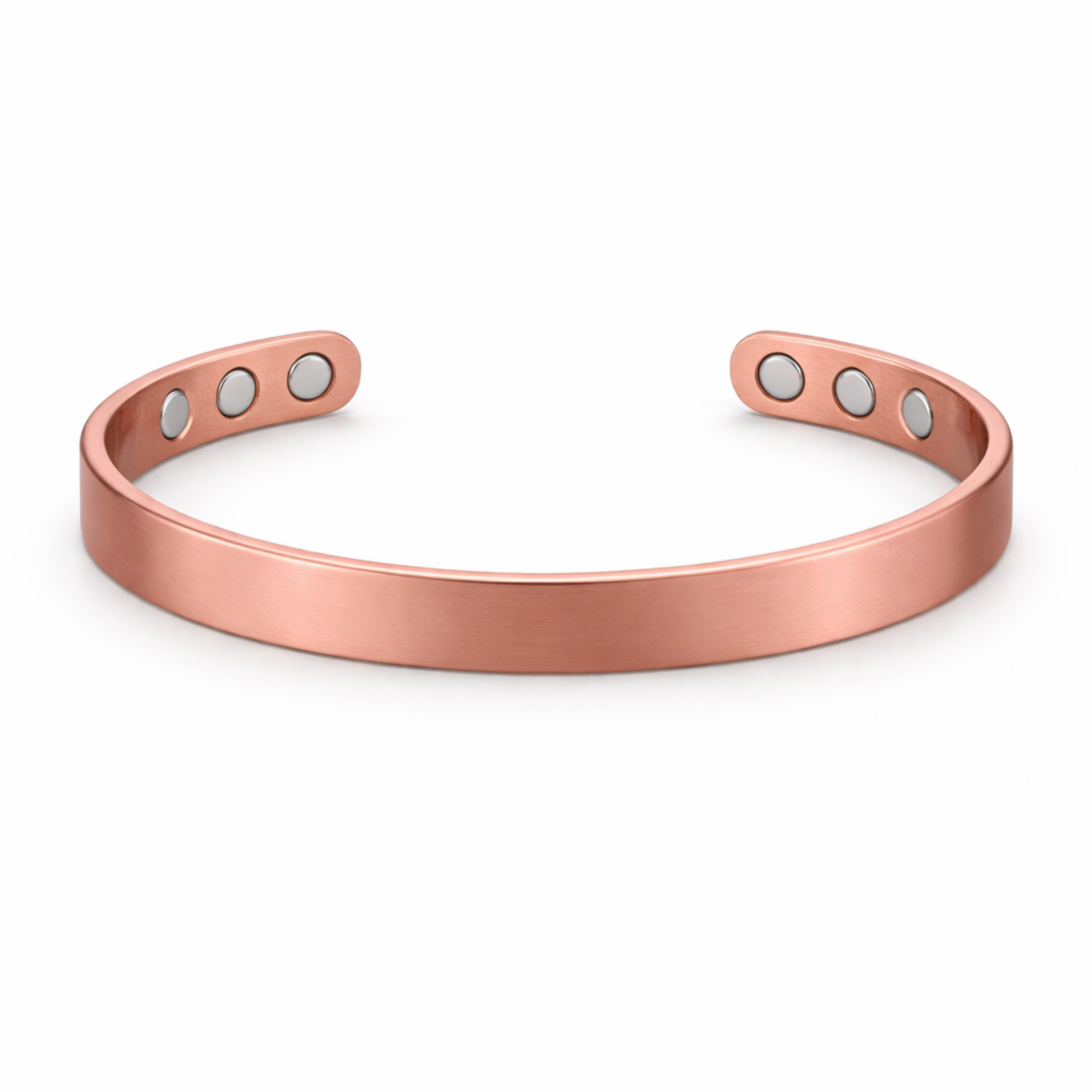 Slim copper magnetic cuff bracelet with plain smooth finish on white background