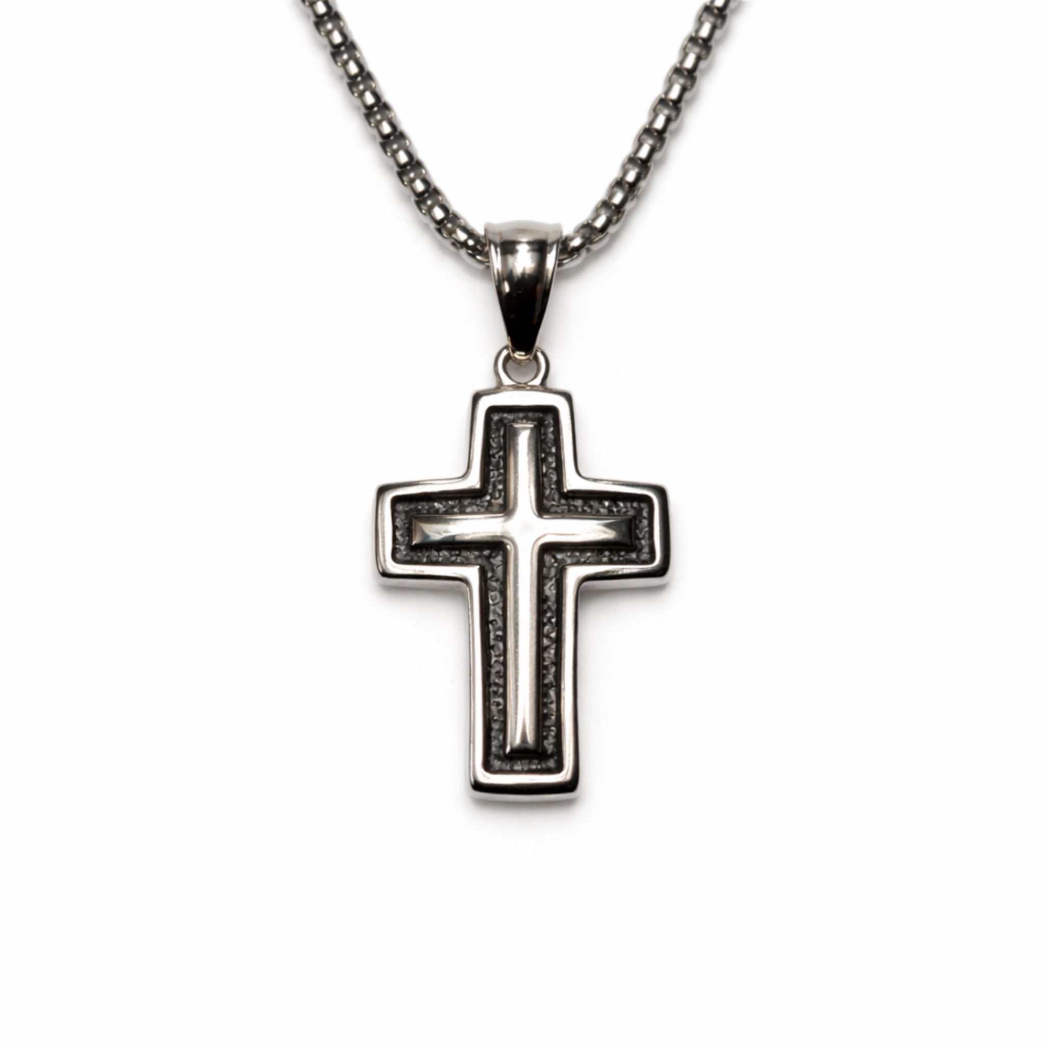 Men’s small stainless steel cross pendant necklace with box chain on white background