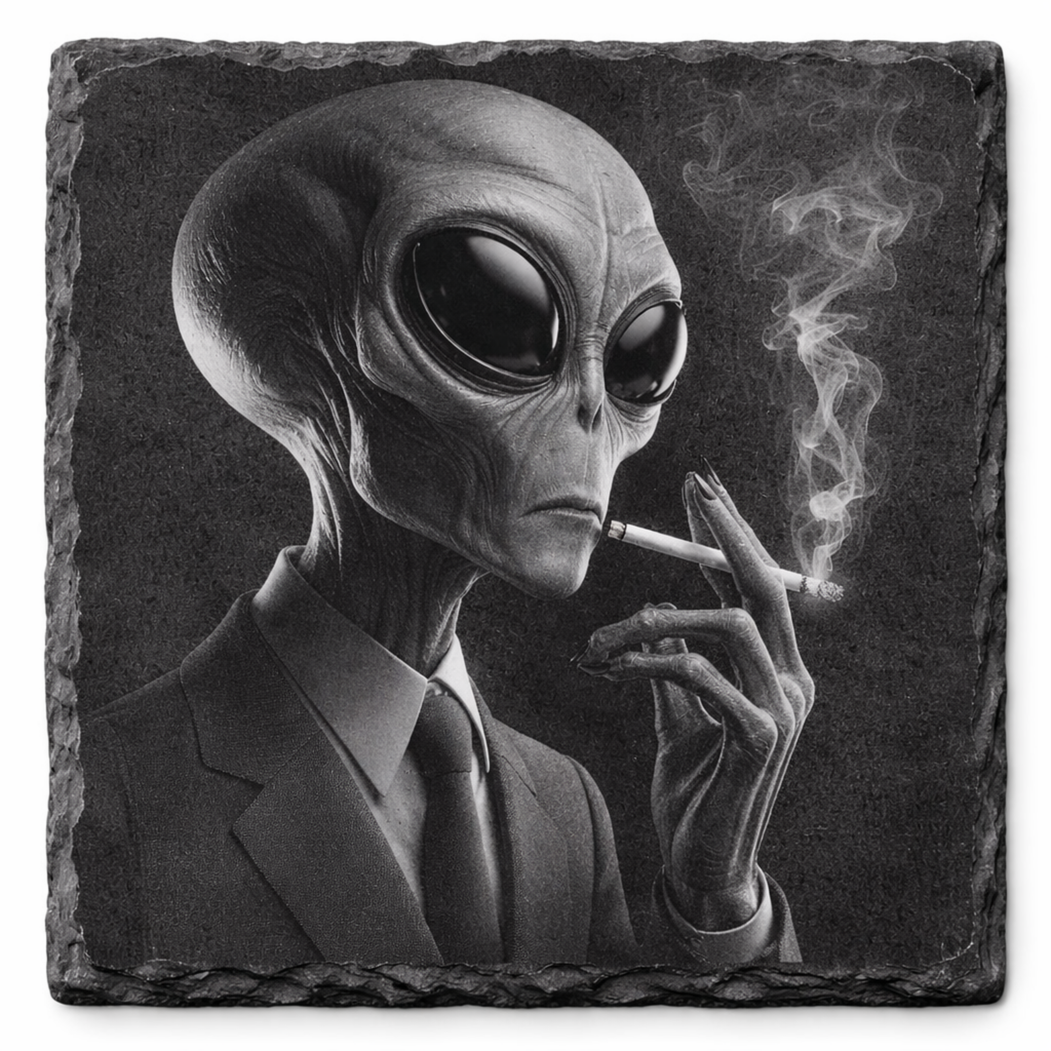 Laser engraved Smoking Alien slate coaster on natural slate featuring detailed UFO inspired artwork. Shipped from St Ives, Cornwall.