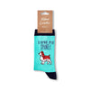Spaniel socks with I love my spaniel design in turquoise and blue with retail tag