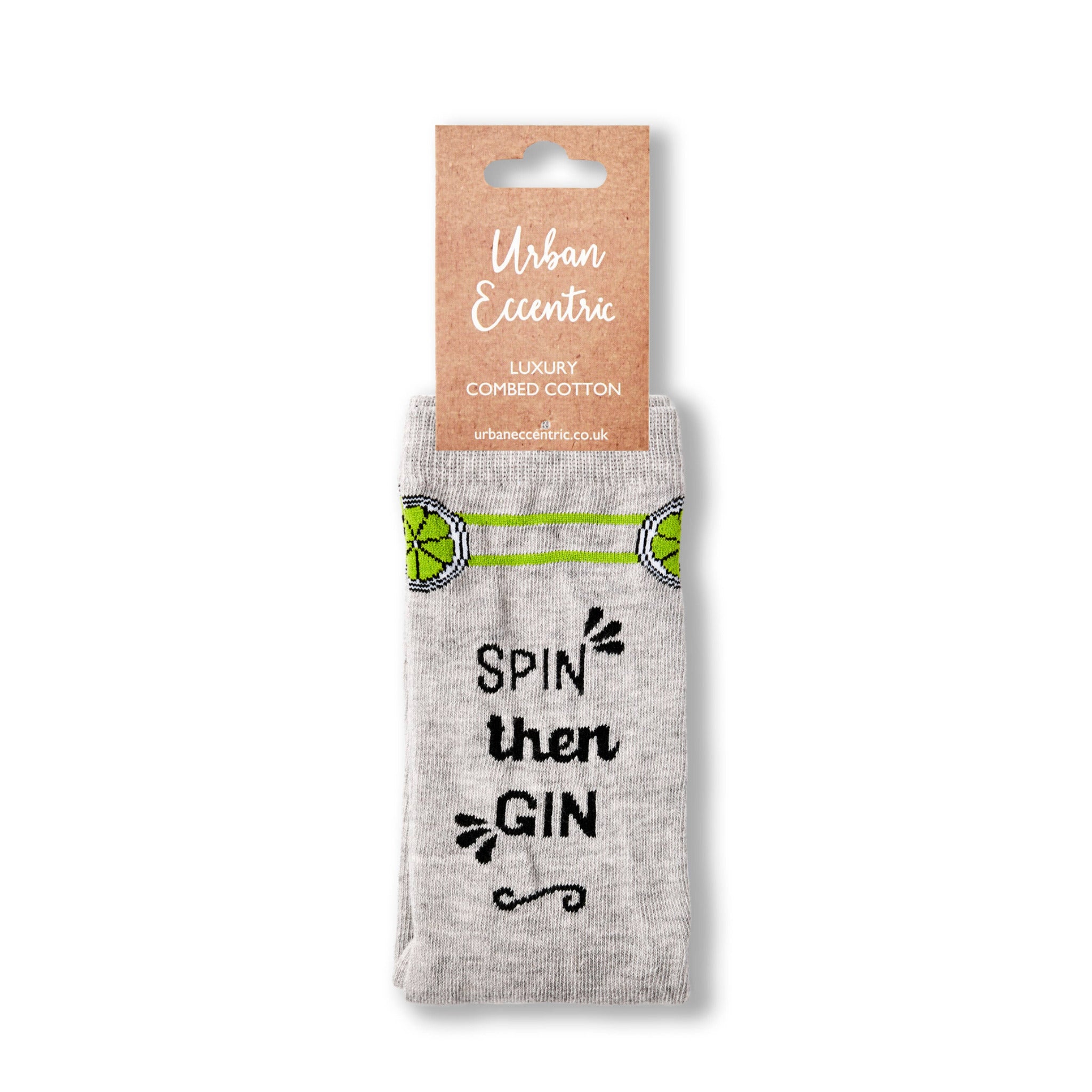 ladies novelty spin then gin socks with retail tag
