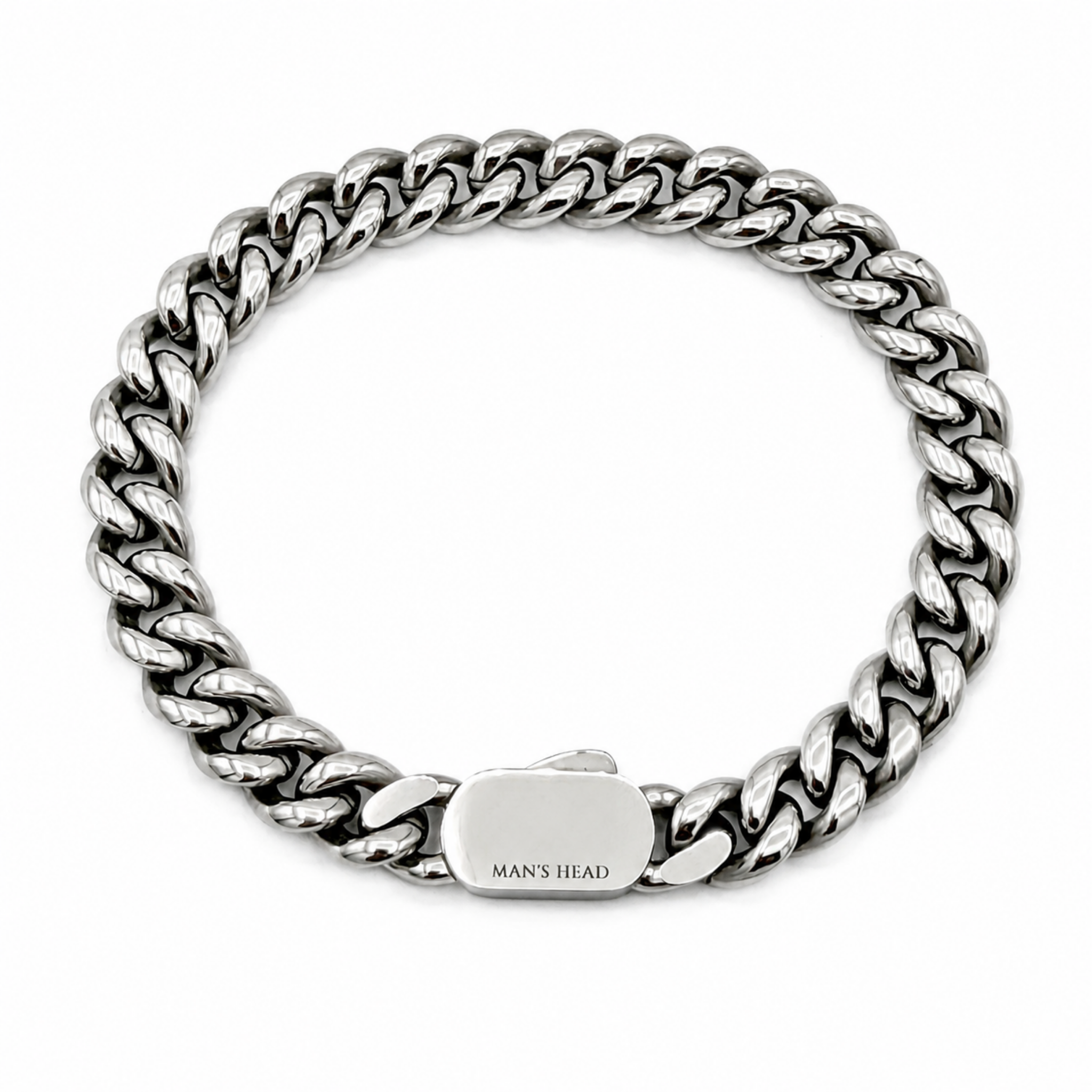 Men's stainless steel 10mm curb chain bracelet with polished silver finish and secure clasp on a white background