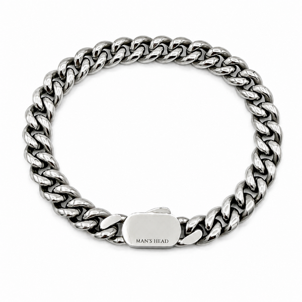 Men's stainless steel 10mm curb chain bracelet with polished silver finish and secure clasp on a white background