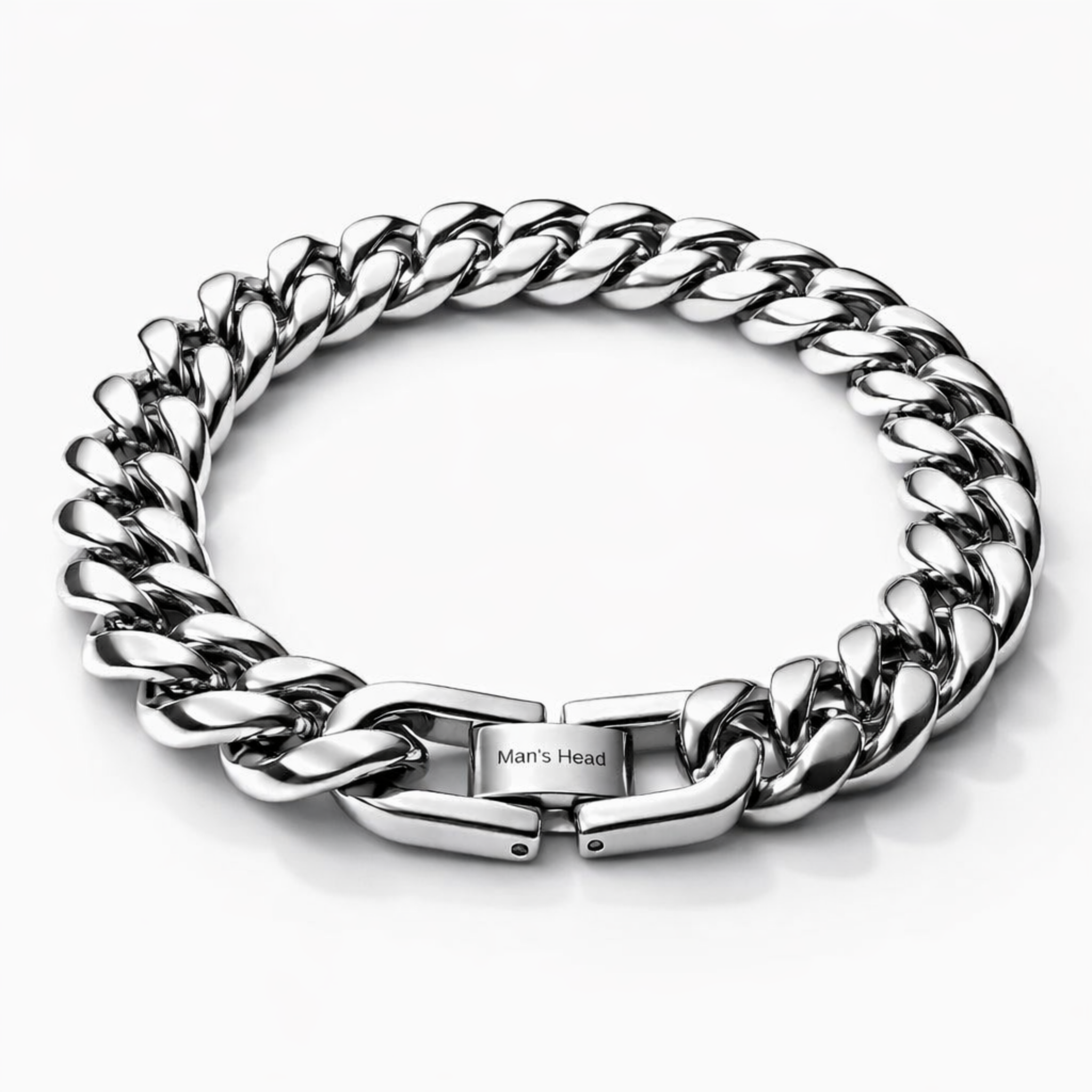Polished stainless steel 12mm curb chain bracelet with foldover clasp on white background