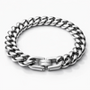 Polished stainless steel 12mm curb chain bracelet with foldover clasp on white background