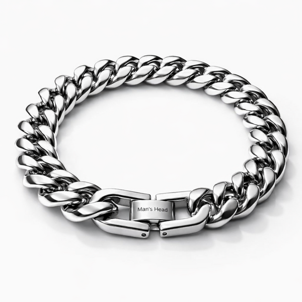 Polished stainless steel 12mm curb chain bracelet with foldover clasp on white background