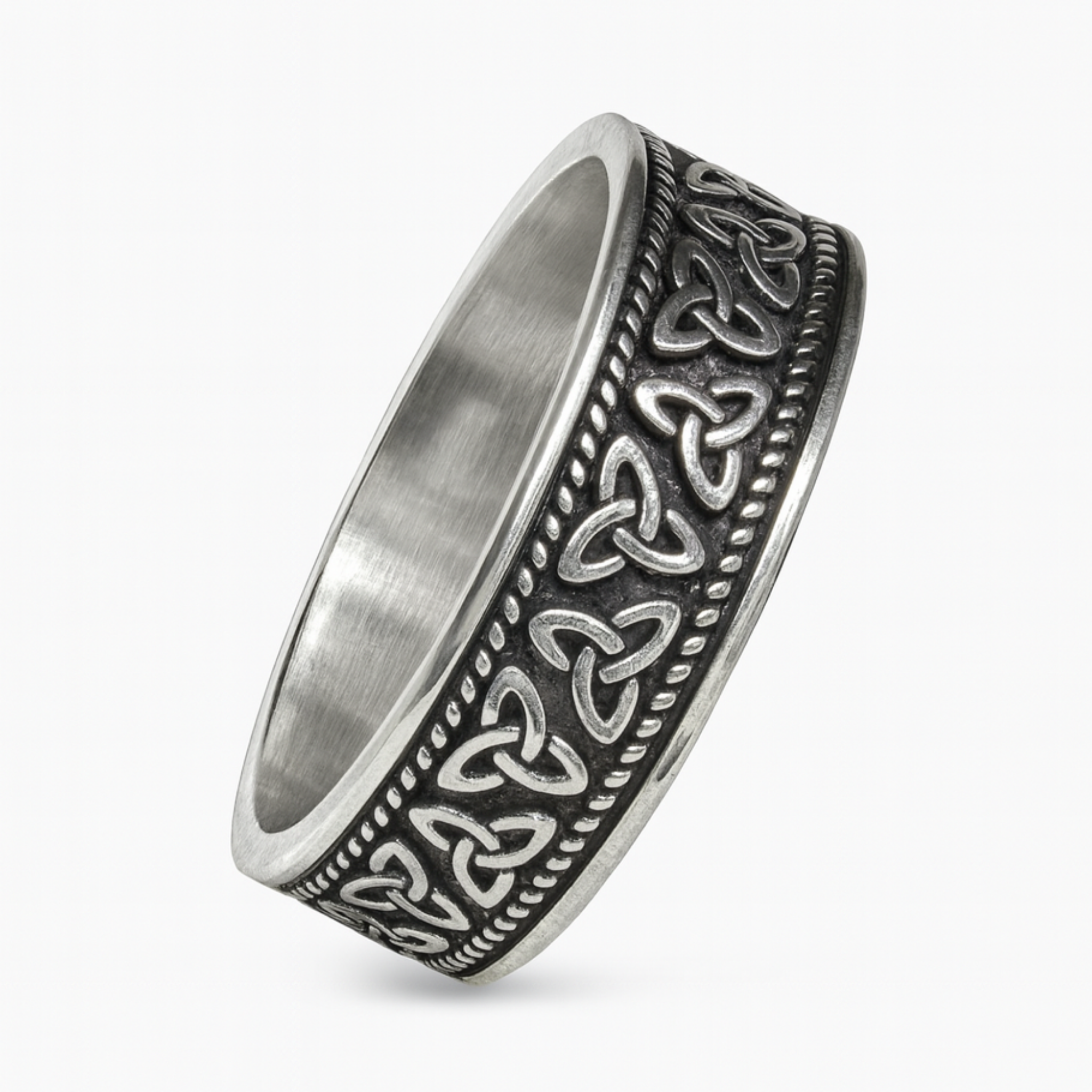 Stainless steel 8mm Viking Celtic knot ring with oxidised detailing and polished edges on a white background.