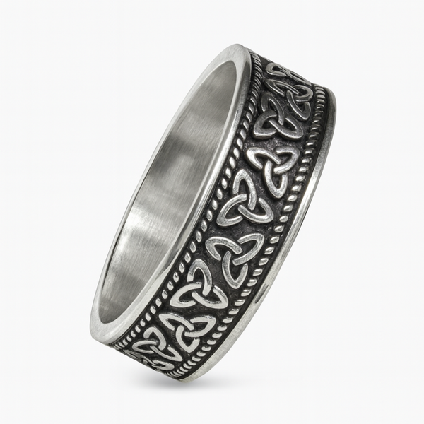 Stainless steel 8mm Viking Celtic knot ring with oxidised detailing and polished edges on a white background.