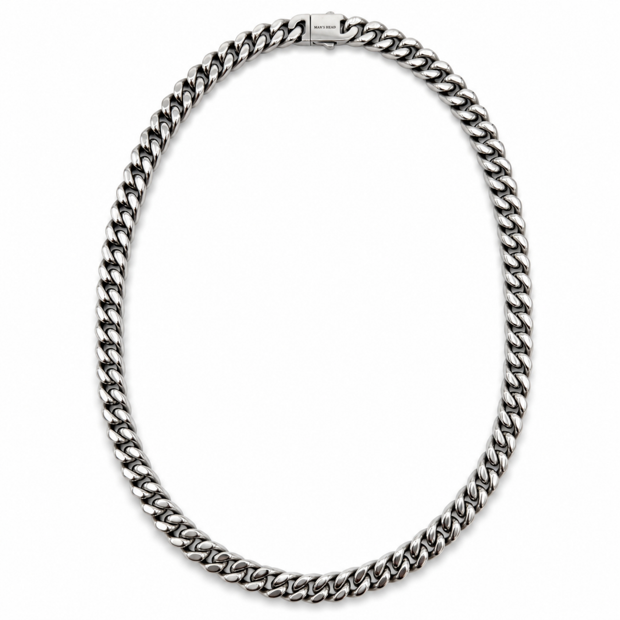tainless steel 9mm curb chain necklace with polished finish and engraved box clasp.