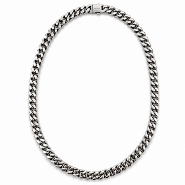 tainless steel 9mm curb chain necklace with polished finish and engraved box clasp.