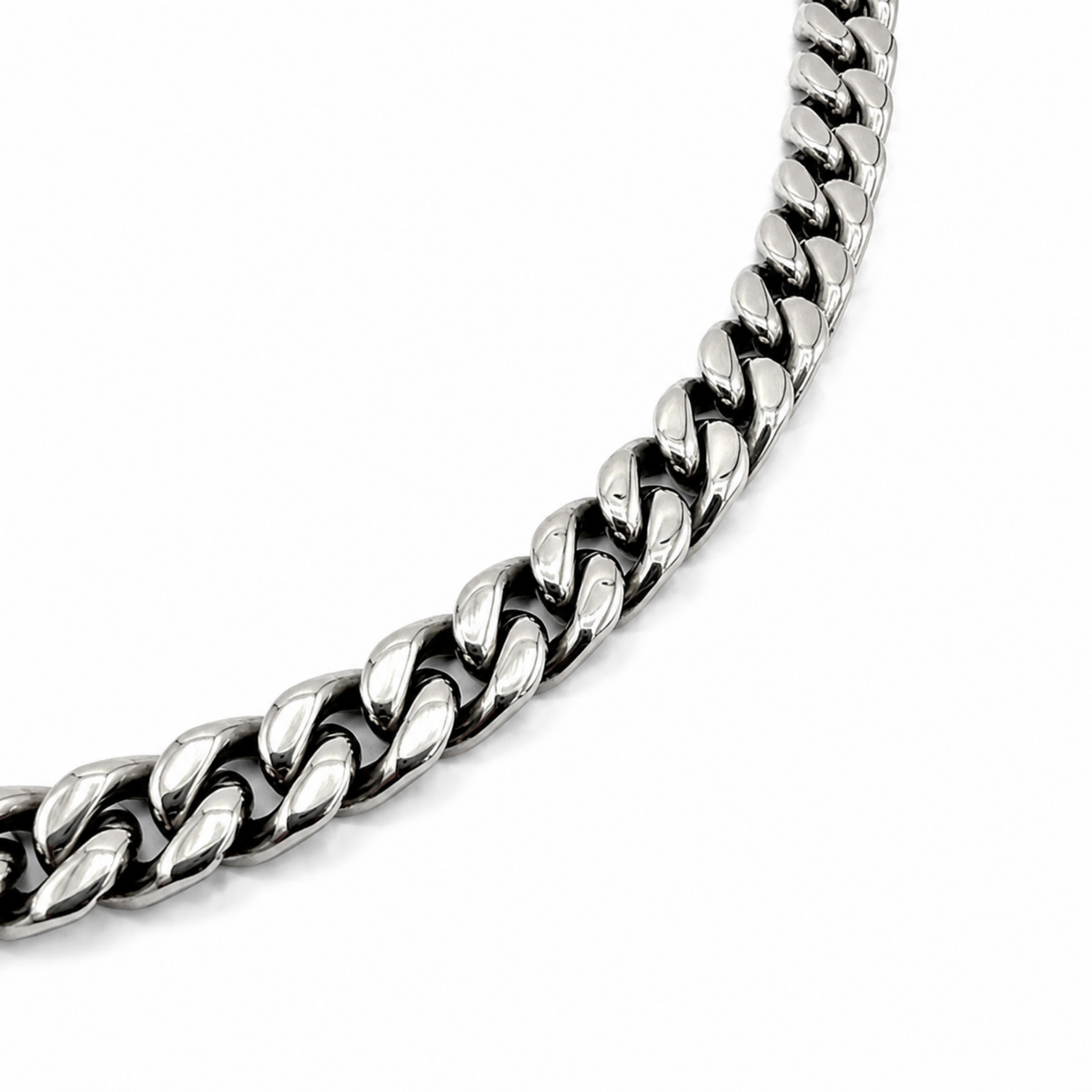 Close-up of a polished 9mm stainless steel curb chain necklace showing the smooth interlocking links and high shine finish.