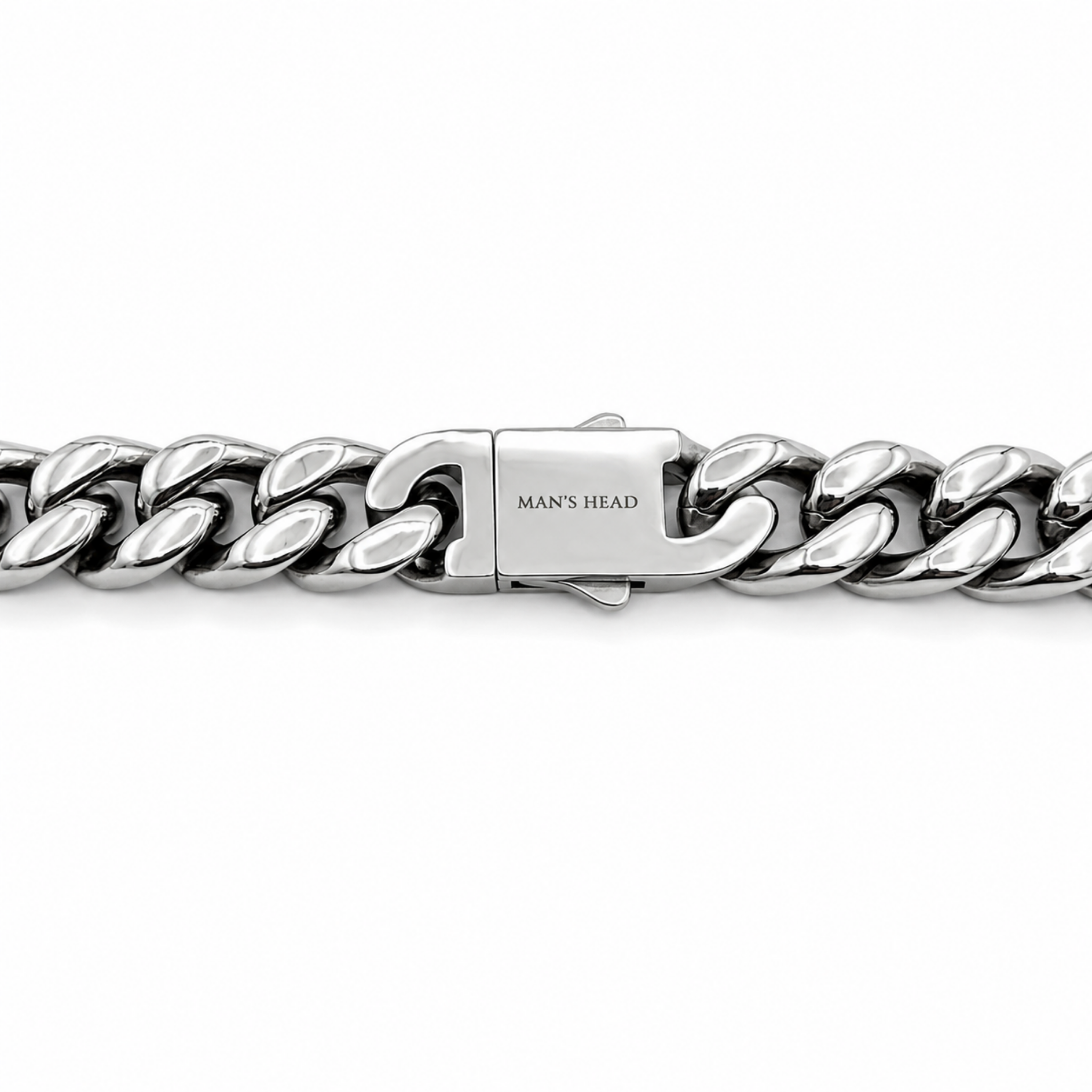 Close-up of the engraved box clasp on a 9mm stainless steel curb chain necklace featuring the Man's Head maker's mark.