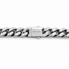 Close-up of the engraved box clasp on a 9mm stainless steel curb chain necklace featuring the Man's Head maker's mark.
