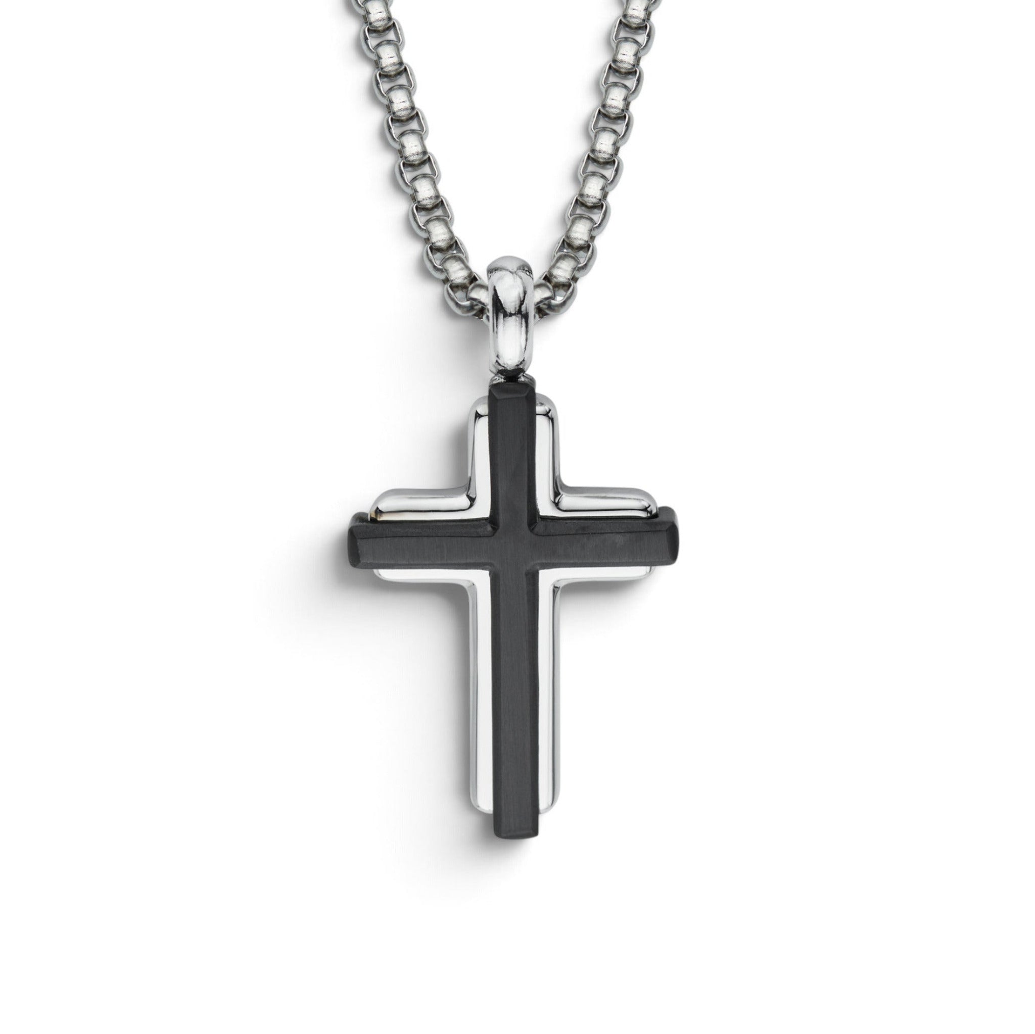 Stainless steel cross pendant necklace with a black inlay and polished silver edging on a stainless steel chain.