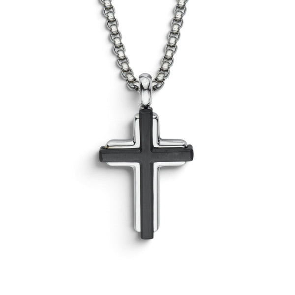 Stainless steel cross pendant necklace with a black inlay and polished silver edging on a stainless steel chain.