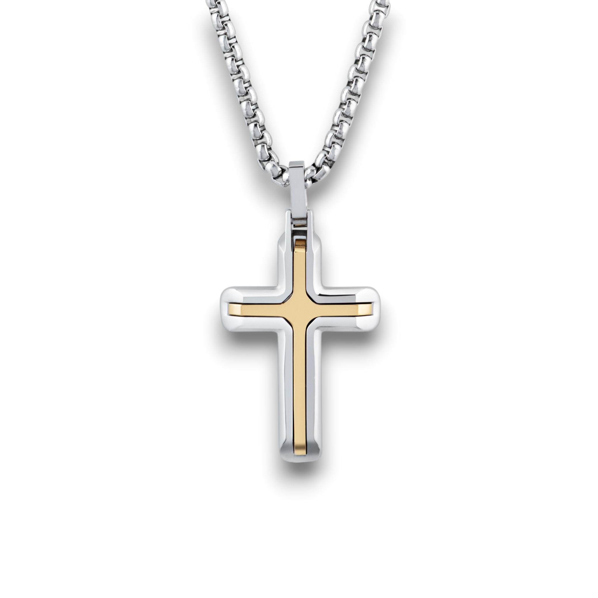 Men’s stainless steel cross pendant necklace with gold ion plating on a 20 inch chain on a white background