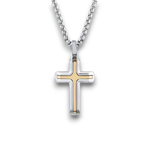 Men’s stainless steel cross pendant necklace with gold ion plating on a 20 inch chain on a white background