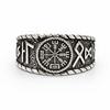 Front view of a stainless steel Vegvisir ring featuring the Viking compass symbol and detailed Norse engraving