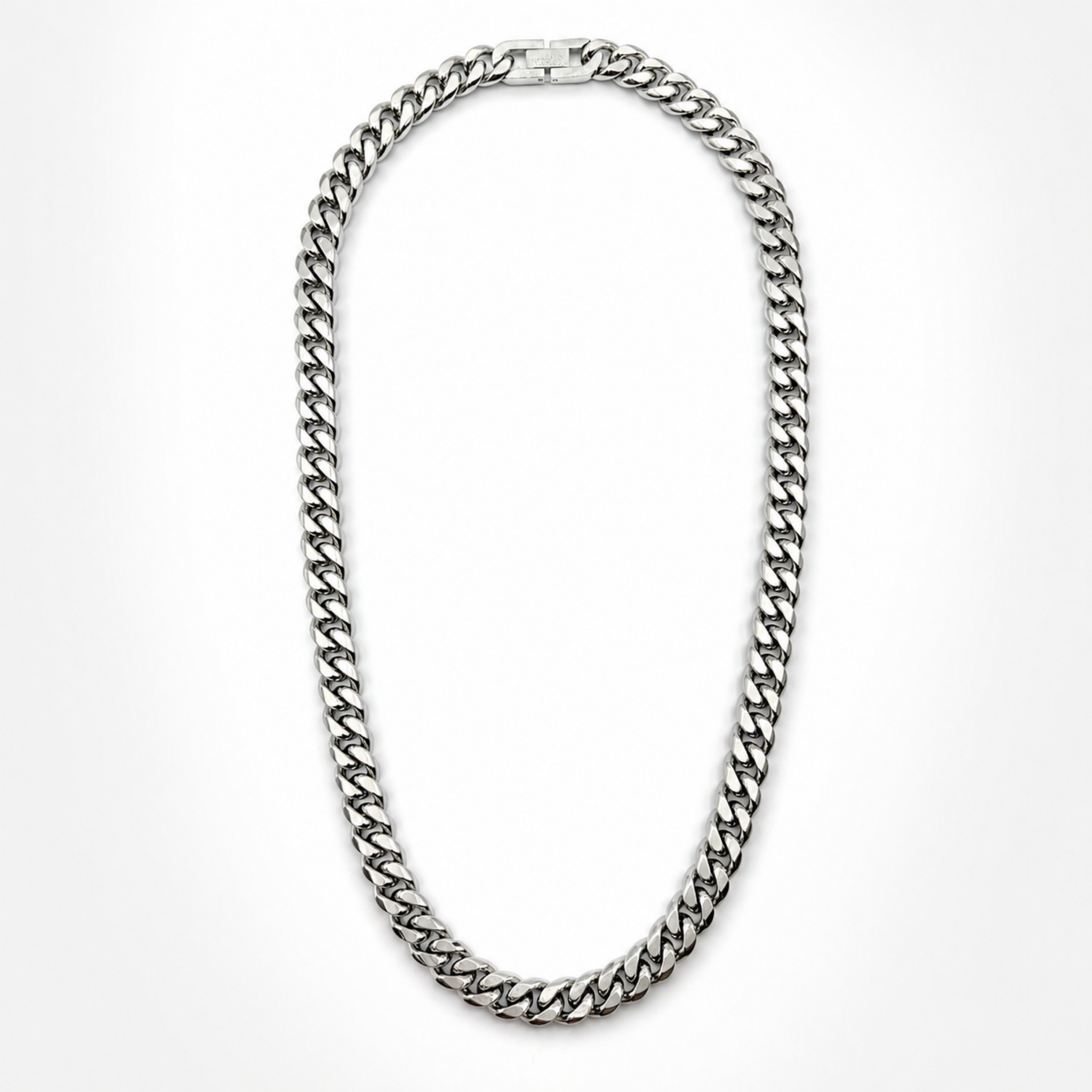 10mm stainless steel curb chain necklace full view on white background