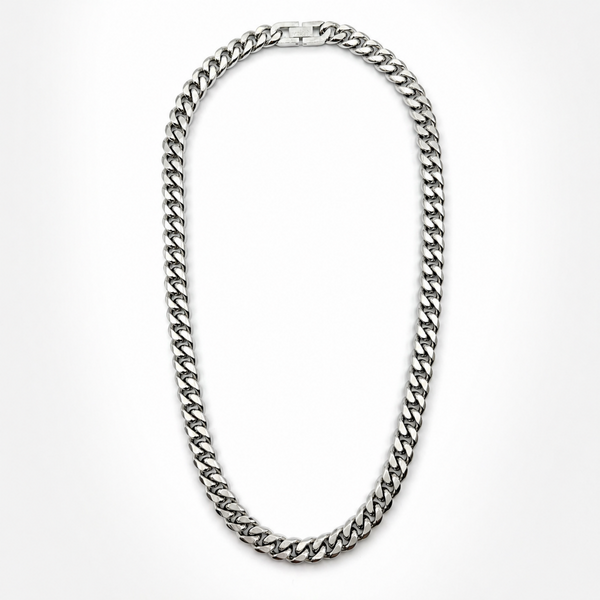 10mm stainless steel curb chain necklace full view on white background