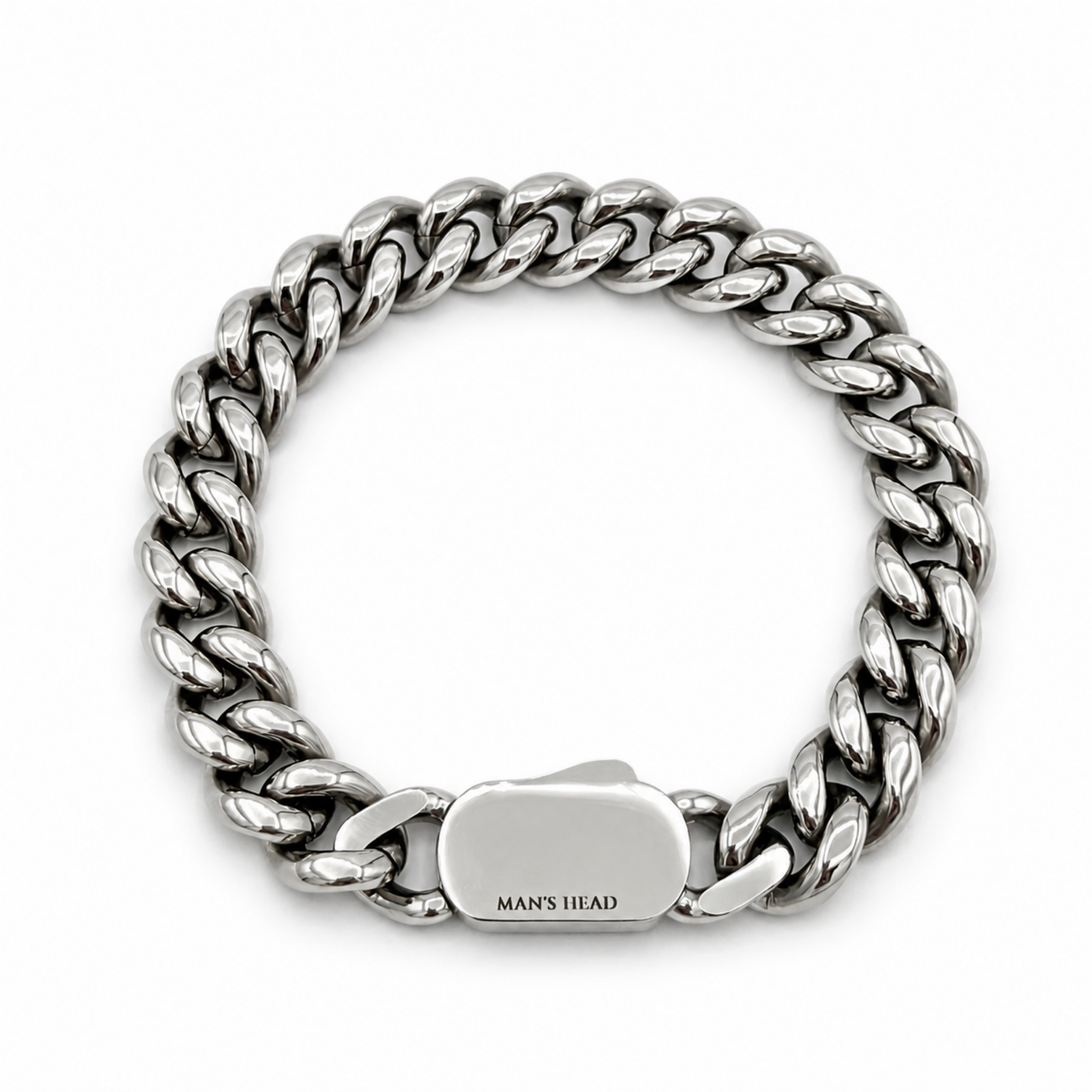 Heavyweight stainless steel 12mm curb chain bracelet with concealed box clasp and polished silver finish on a white background.