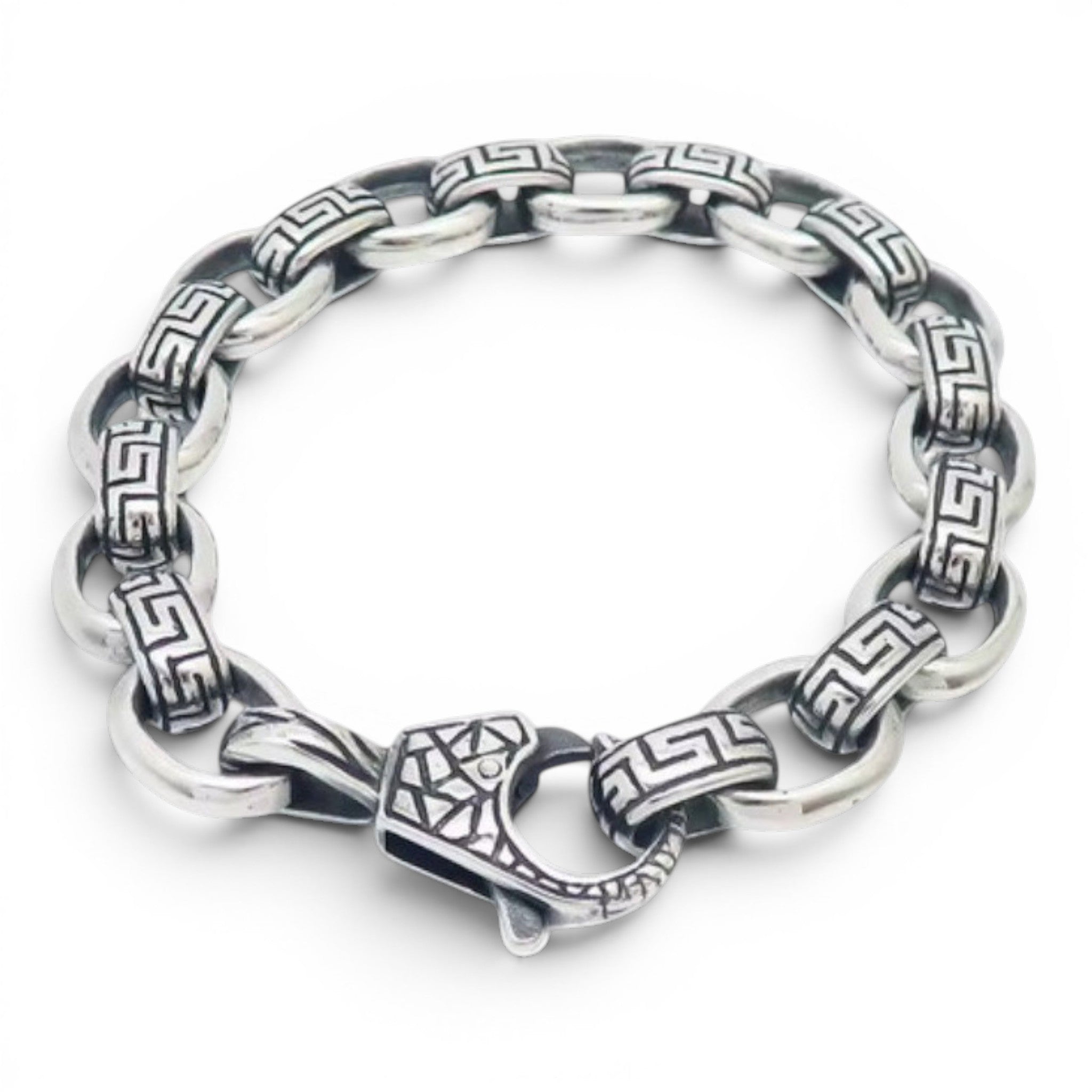 Stainless steel 12mm Greek Key bracelet with detailed geometric link pattern