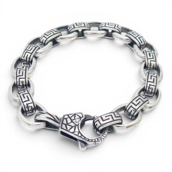 Stainless steel 12mm Greek Key bracelet with detailed geometric link pattern