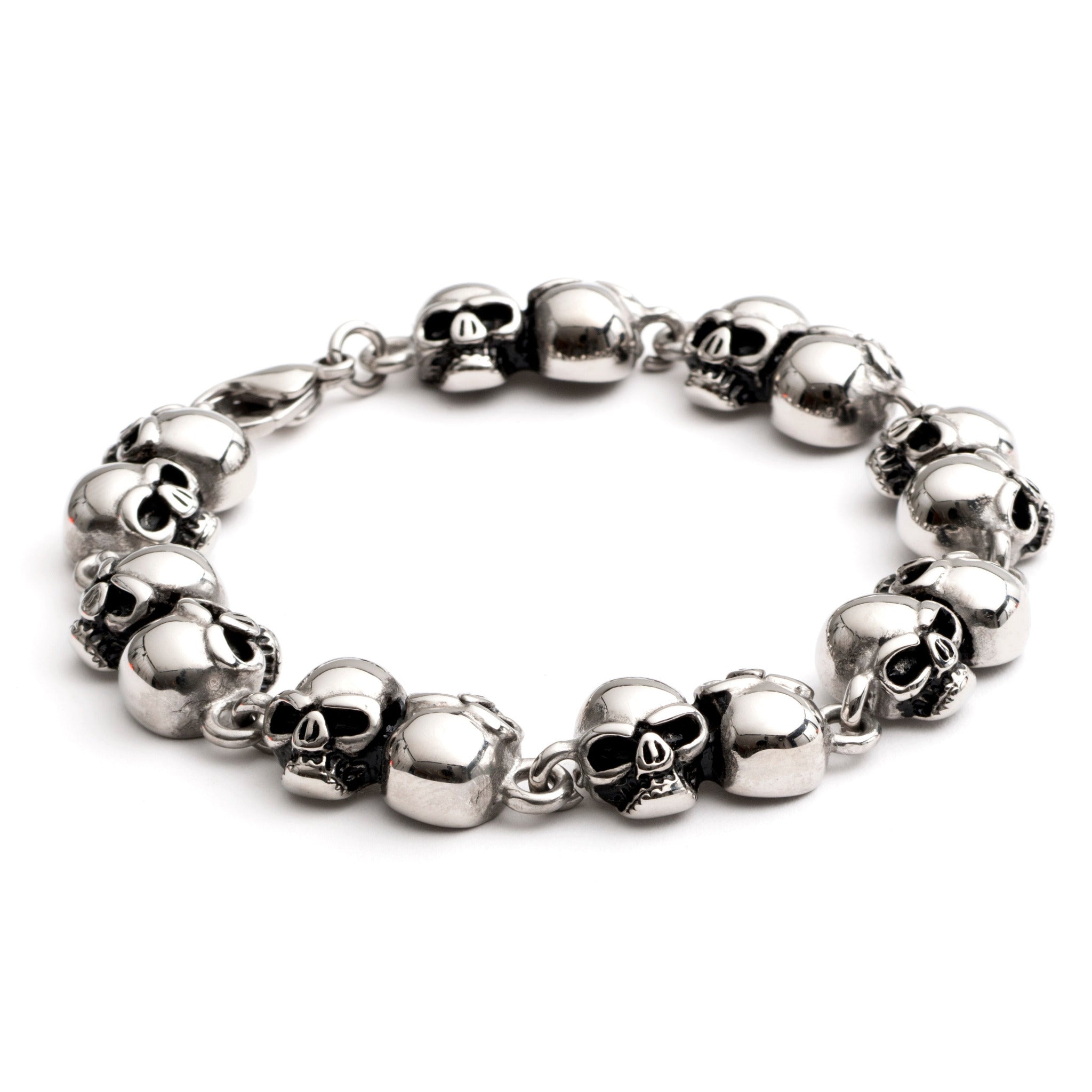 Stainless steel 12mm skull link bracelet with detailed alternating skull links and polished finish