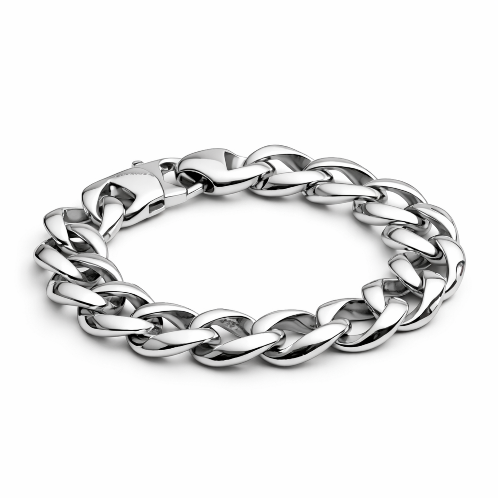 Stainless steel 15mm wide curb chain bracelet with polished hollow links and lobster clasp