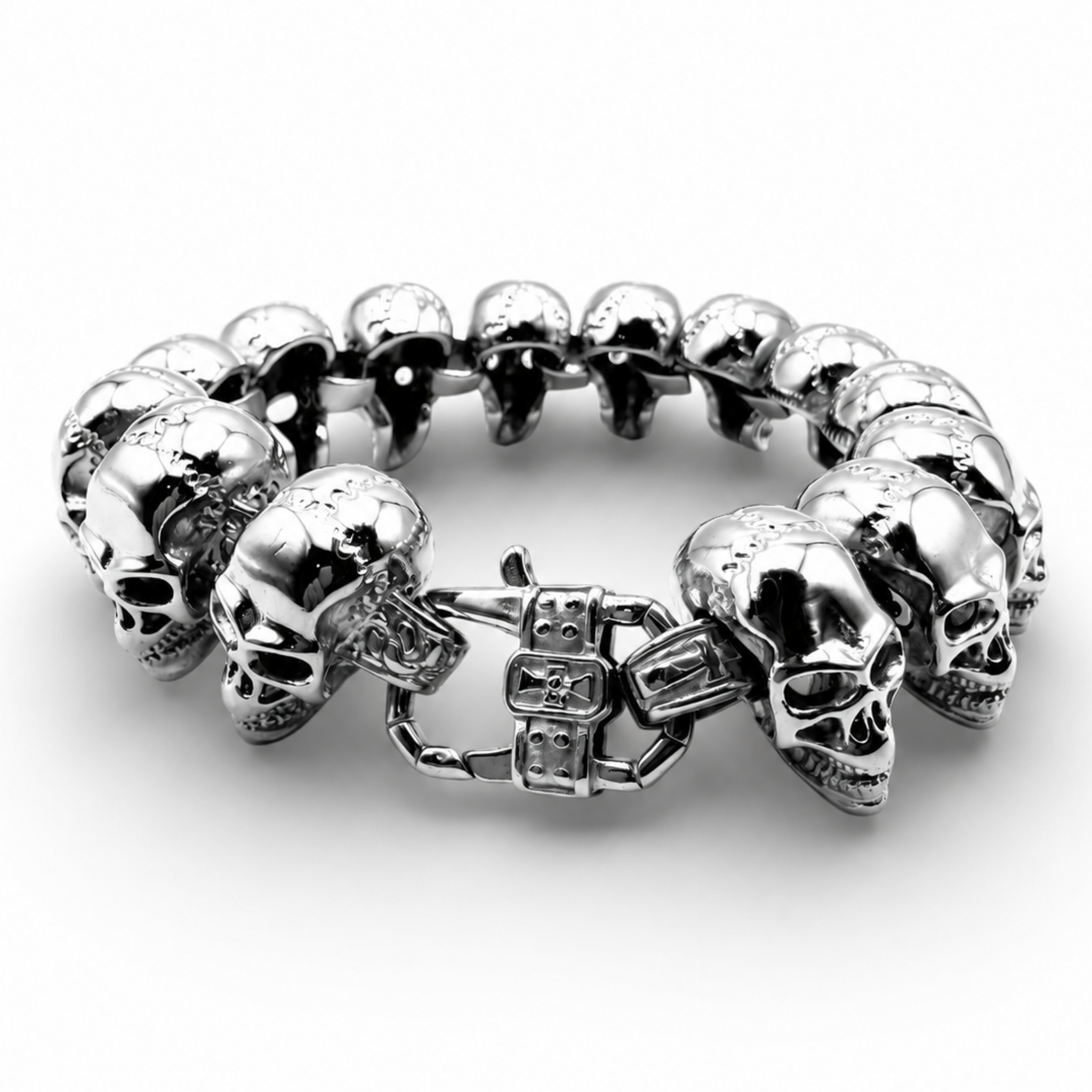 Heavyweight stainless steel 24mm skull bracelet with detailed skull links and heavy duty trigger clasp