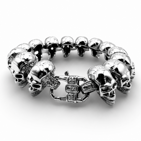 Heavyweight stainless steel 24mm skull bracelet with detailed skull links and heavy duty trigger clasp