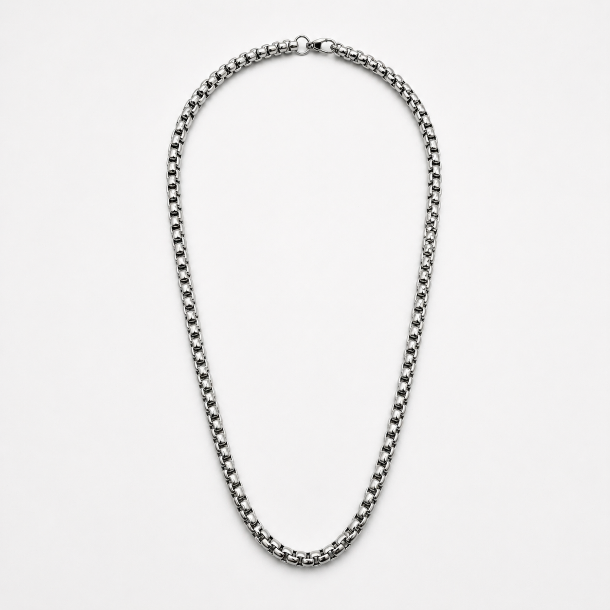 Stainless steel 5mm rounded box chain necklace full view on white background