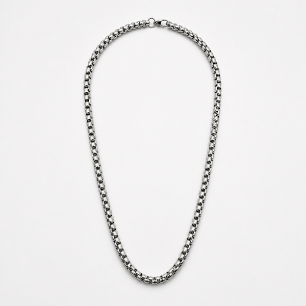 Stainless steel 5mm rounded box chain necklace full view on white background