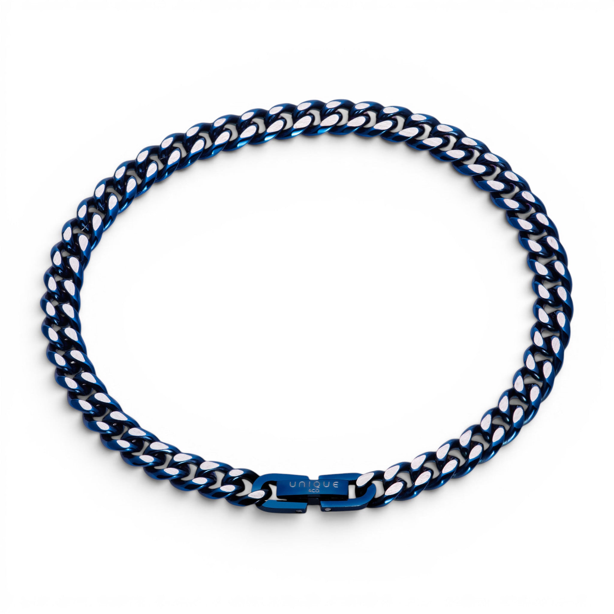 Stainless steel 6mm curb chain bracelet with blue IP plated matte and polished finish