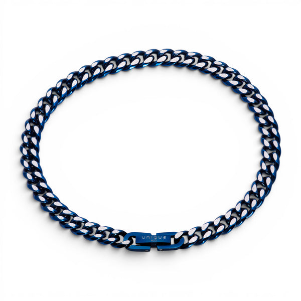 Stainless steel 6mm curb chain bracelet with blue IP plated matte and polished finish