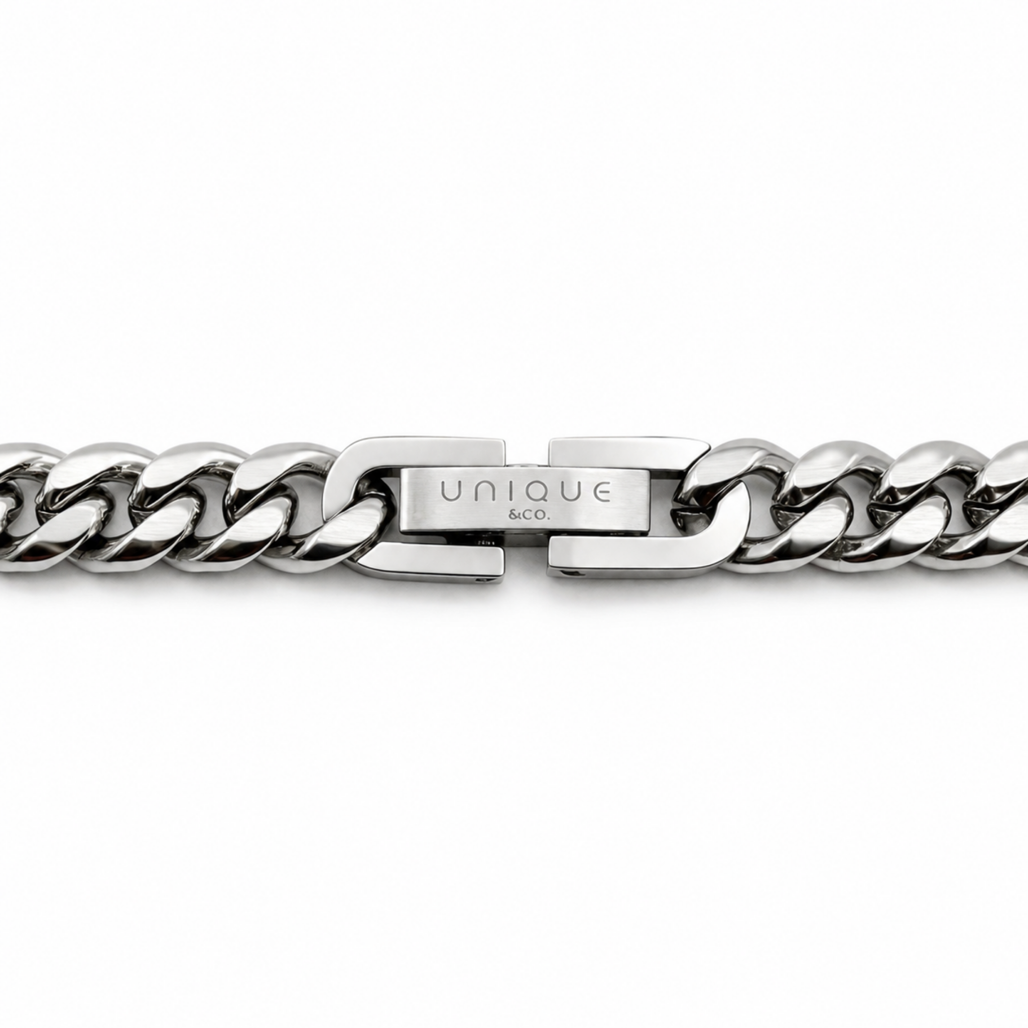 Stainless steel curb chain necklace clasp detail secure fastening matte and polished finish