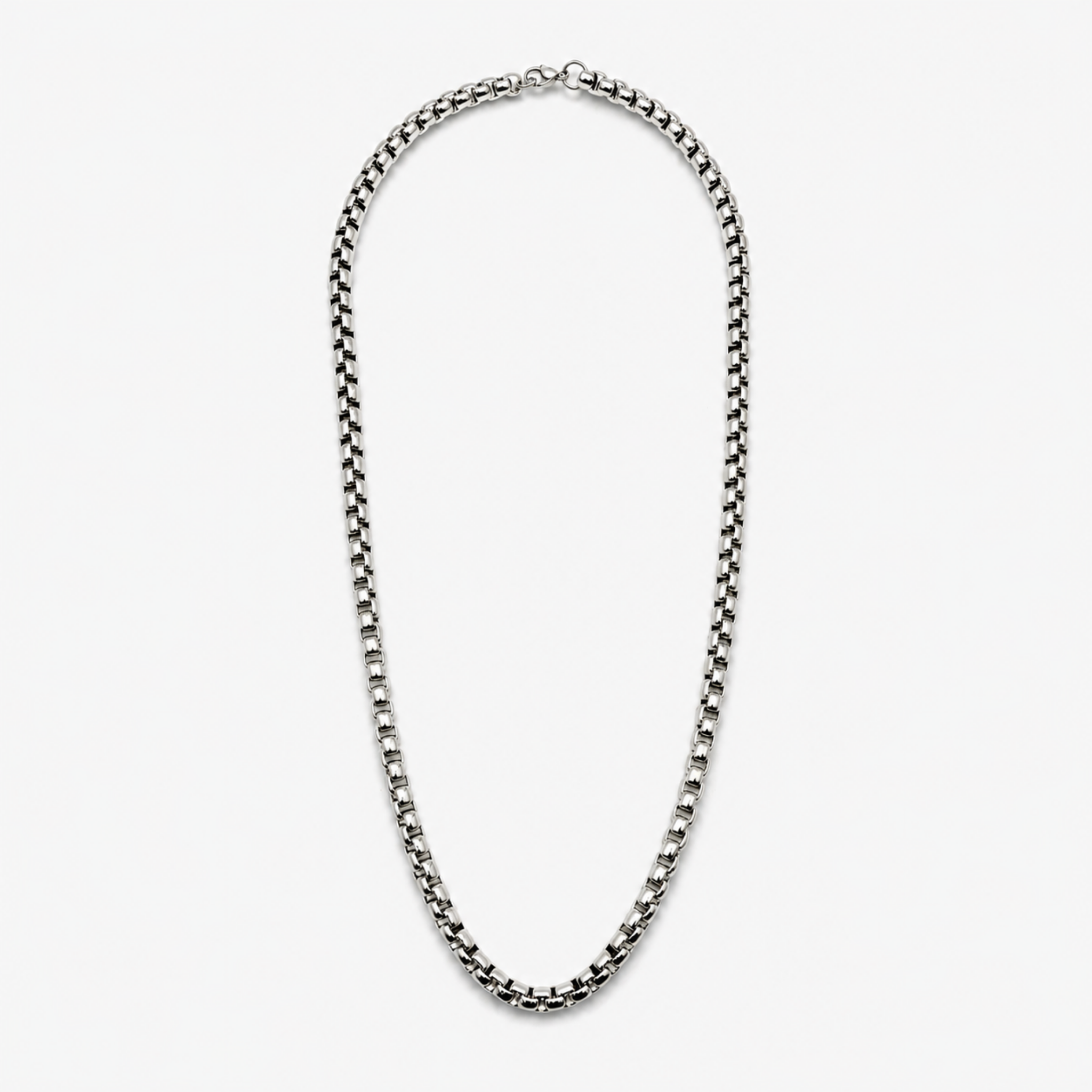 Stainless steel 6mm rounded box chain necklace full view on white background