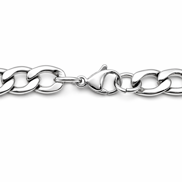 Stainless steel curb chain necklace clasp detail showing secure fastening