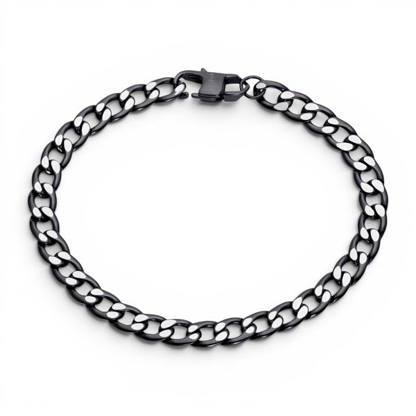 Front view of a stainless steel 7mm black ion plated curb chain bracelet