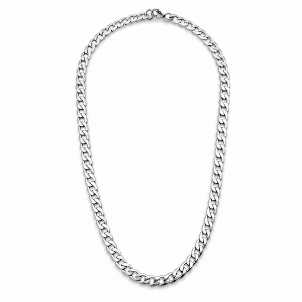 7mm stainless steel flat curb chain necklace full view on white background