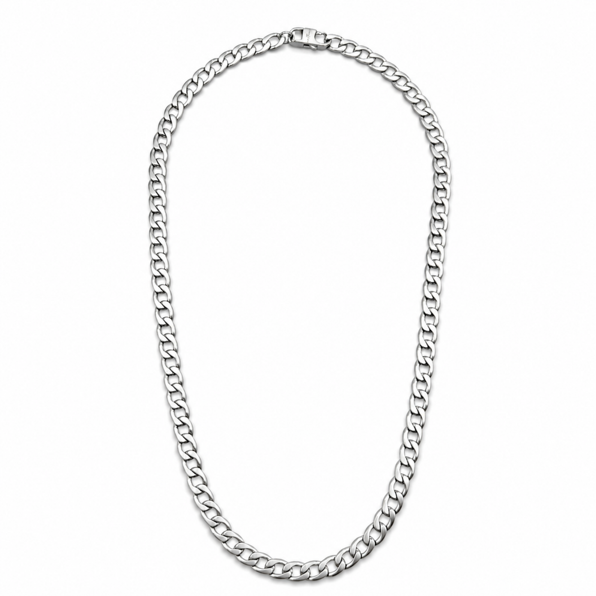 Stainless steel 7mm matte curb chain necklace full view on white background