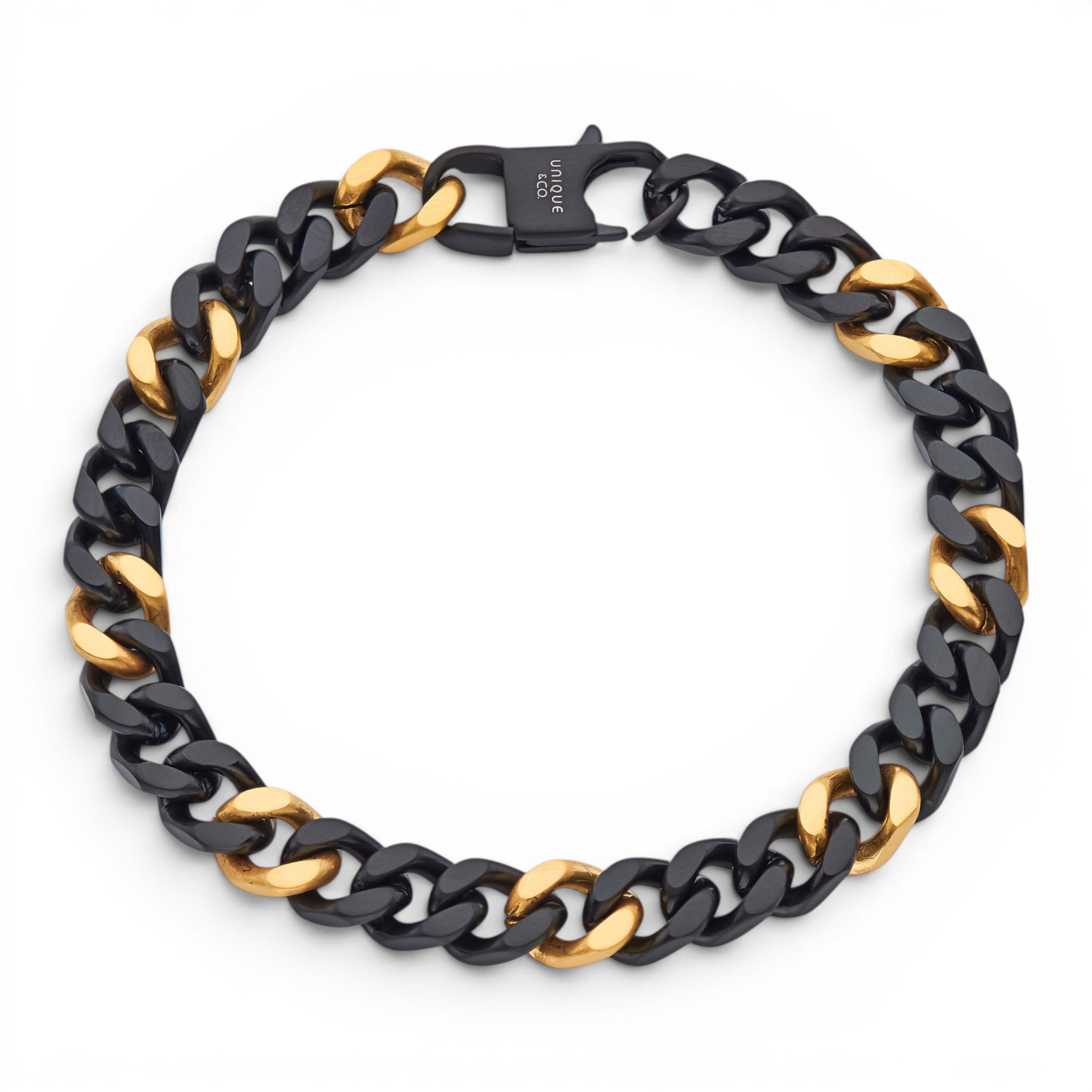 Stainless steel 8mm curb chain bracelet with black and gold IP plated finish